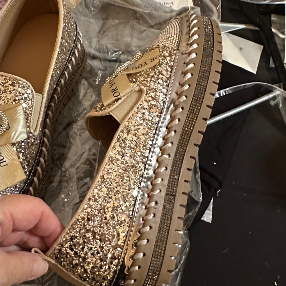 Glittering Rhinestone and Gold Loafers - Picture 3 of 5
